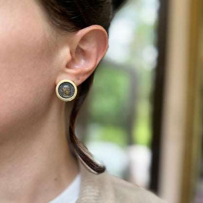 Estate 14KT Yellow Gold Copper Roman Coin Omega Back Earrings