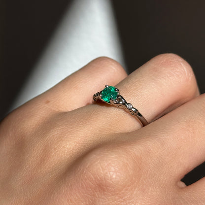 14KT White Gold Round Colombian Emerald + Diamond Accent Ring