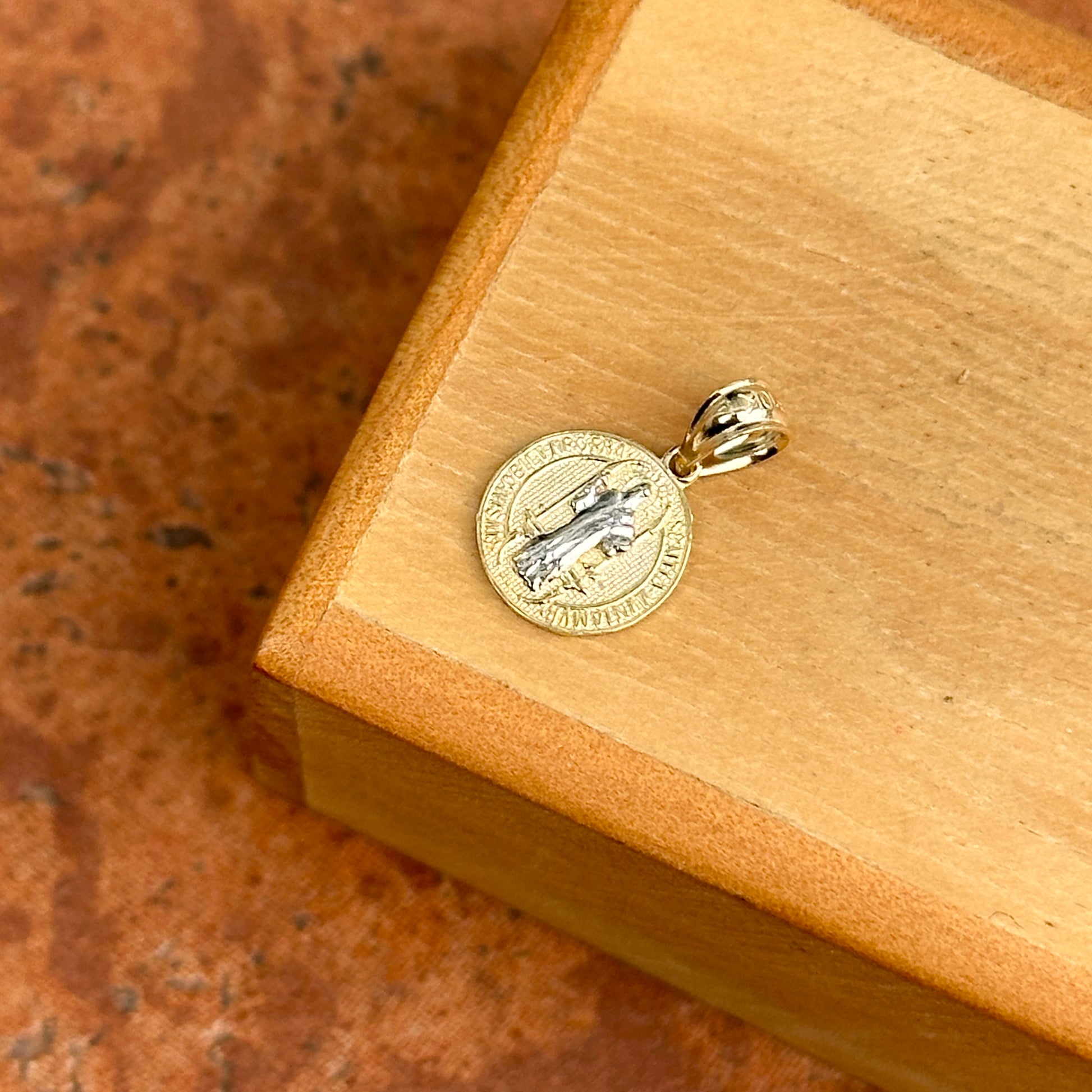 10KT Yellow + White Gold Round St.Benito Medal Pendant Charm - LSJ