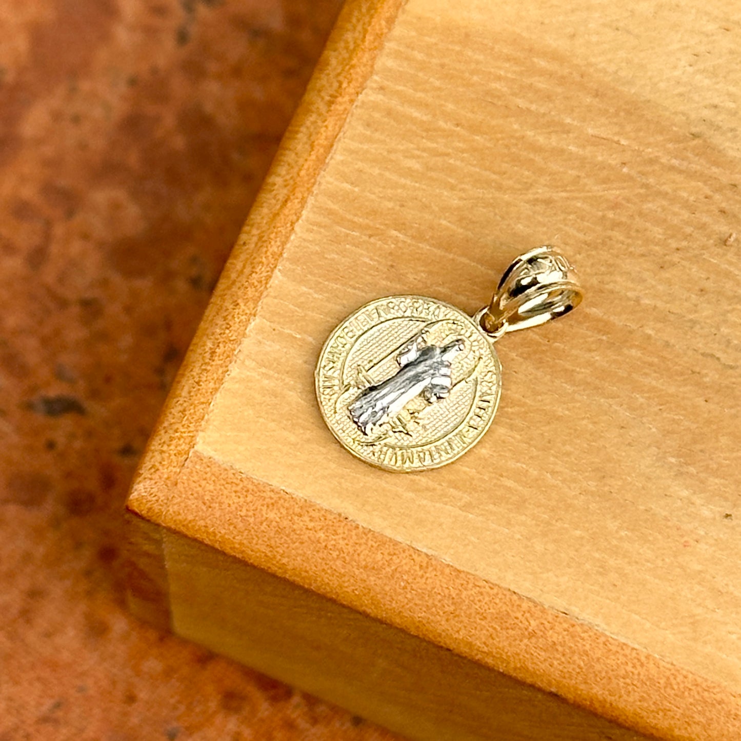 10KT Yellow + White Gold Round St.Benito Medal Pendant Charm - LSJ