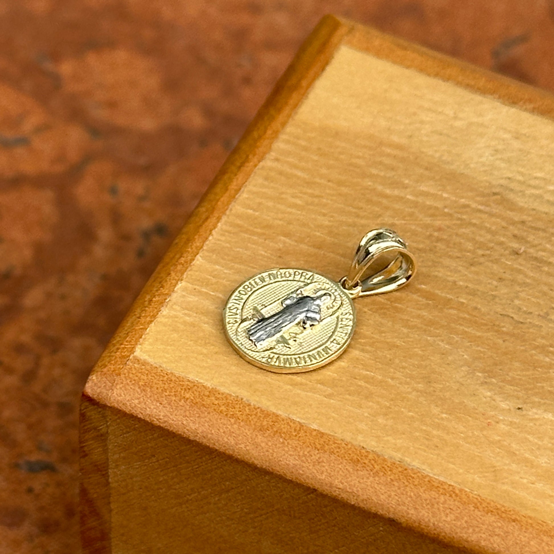 10KT Yellow + White Gold Round St.Benito Medal Pendant Charm - LSJ