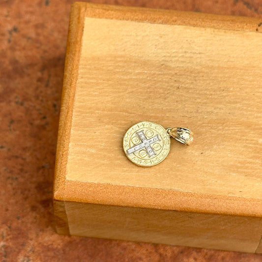 10KT Yellow + White Gold Round St.Benito Medal Pendant Charm