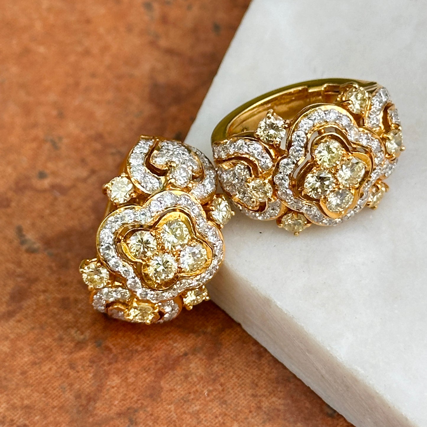 Estate 18KT Yellow Gold White + Yellow Diamond Huggie Hoop Earrings
