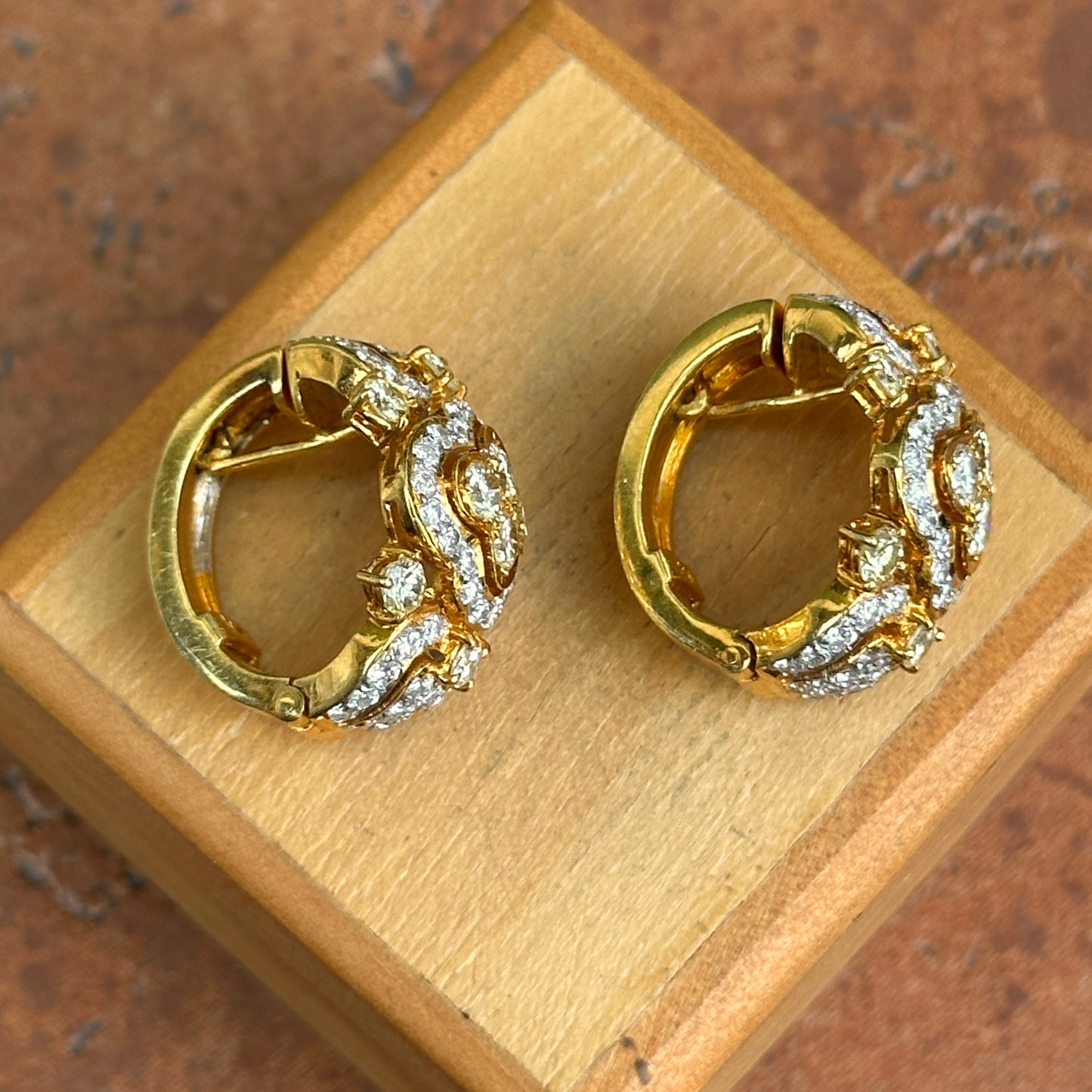 Estate 18KT Yellow Gold White + Yellow Diamond Huggie Hoop Earrings