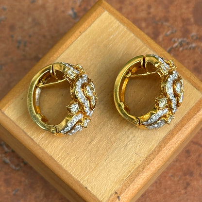 Estate 18KT Yellow Gold White + Yellow Diamond Huggie Hoop Earrings