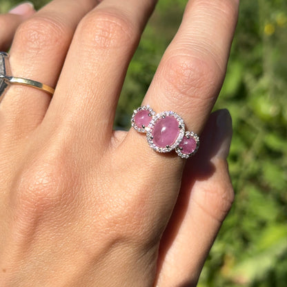 10KT Yellow Gold Cabochon Pink Sapphire + Diamond Halo Ring