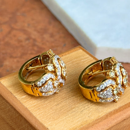 Estate 18KT Yellow Gold White + Yellow Diamond Huggie Hoop Earrings