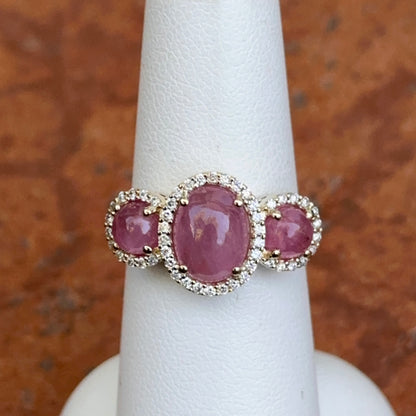 10KT Yellow Gold Cabochon Pink Sapphire + Diamond Halo Ring