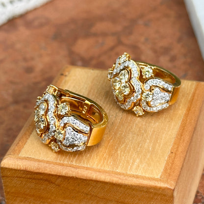 Estate 18KT Yellow Gold White + Yellow Diamond Huggie Hoop Earrings