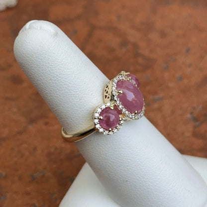 10KT Yellow Gold Cabochon Pink Sapphire + Diamond Halo Ring