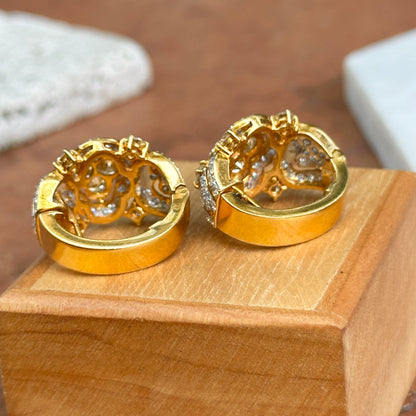 Estate 18KT Yellow Gold White + Yellow Diamond Huggie Hoop Earrings