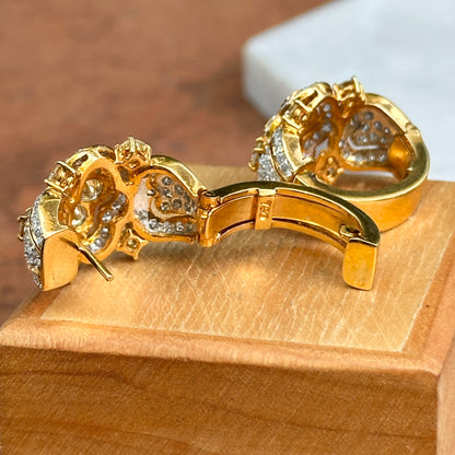 Estate 18KT Yellow Gold White + Yellow Diamond Huggie Hoop Earrings