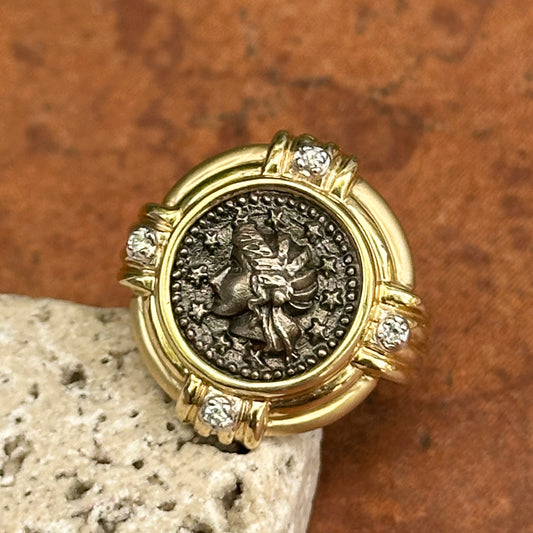 Estate 14KT Yellow Gold Bezel Set Diamonds + Replica Silver 925 Coin Ring