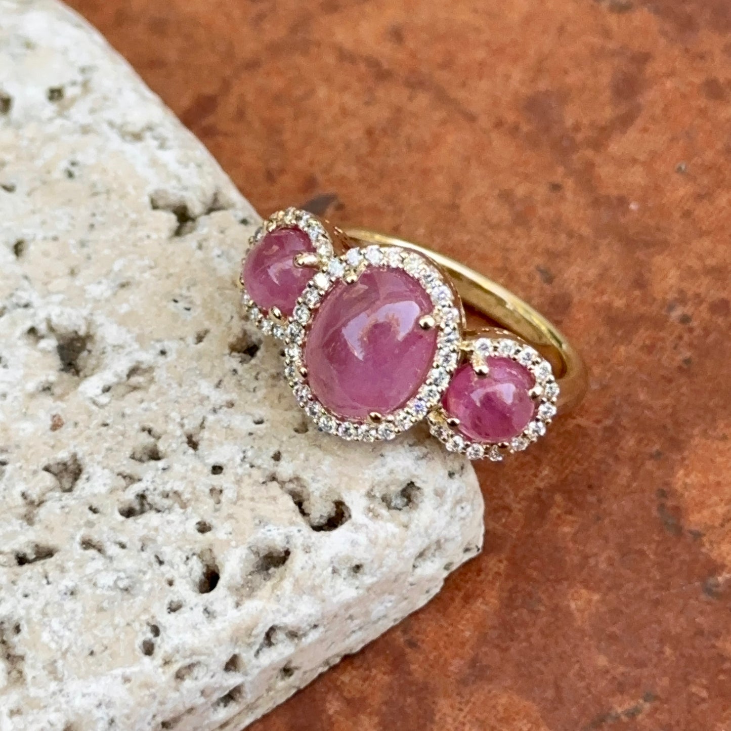 10KT Yellow Gold Cabochon Pink Sapphire + Diamond Halo Ring