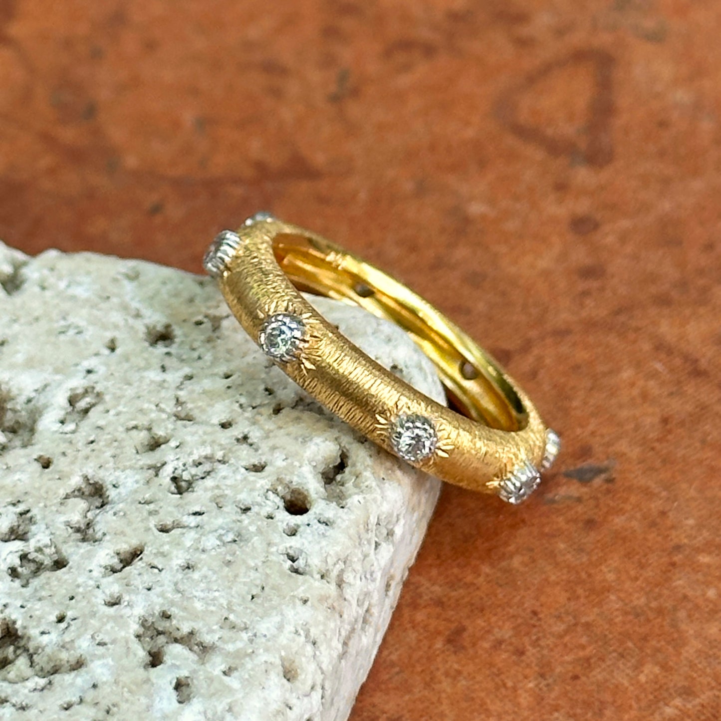 Estate 18KT Yellow Gold Bezel Diamond Textured Matte Band Ring