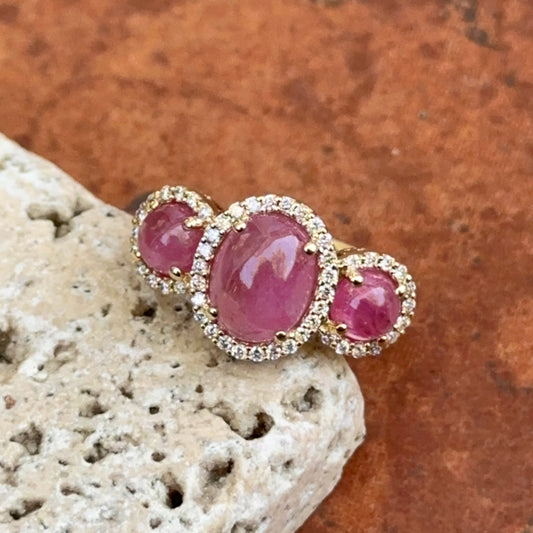 10KT Yellow Gold Cabochon Pink Sapphire + Diamond Halo Ring