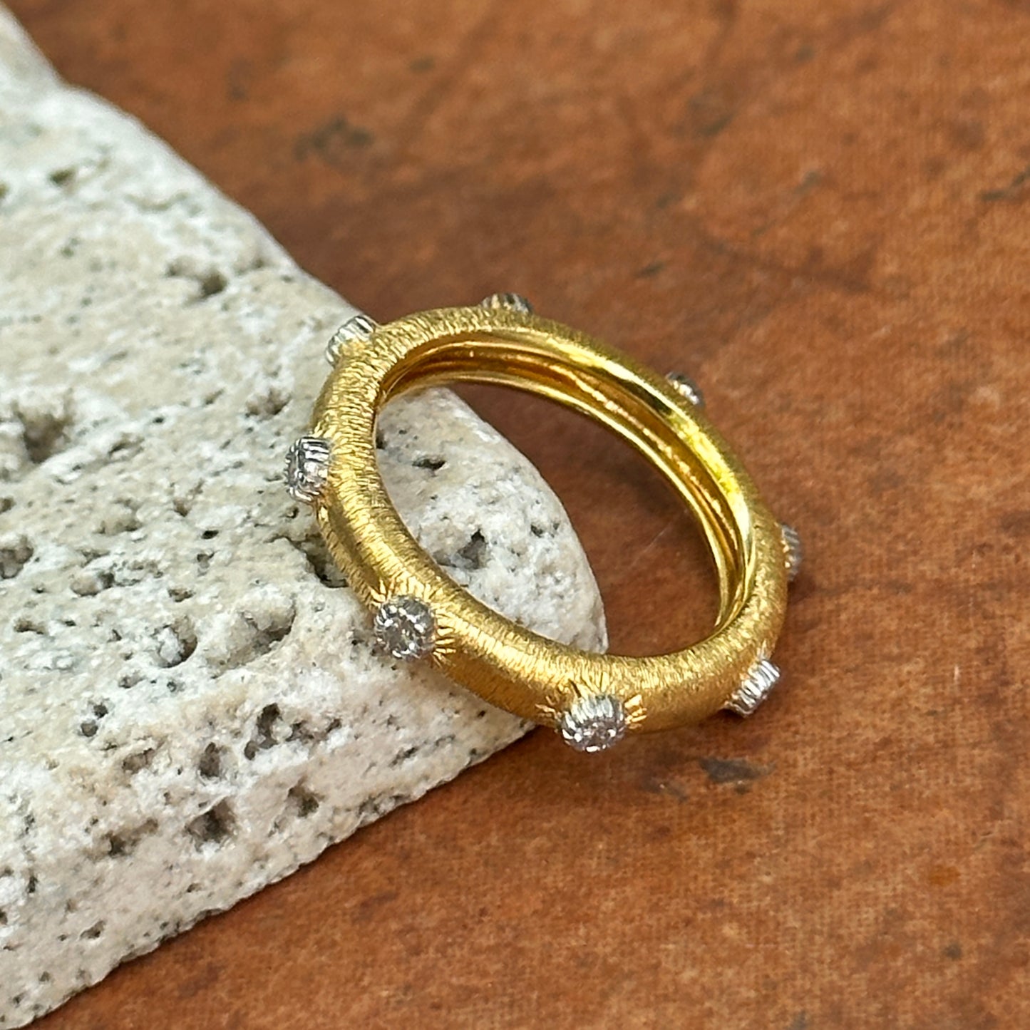 Estate 18KT Yellow Gold Bezel Diamond Textured Matte Band Ring