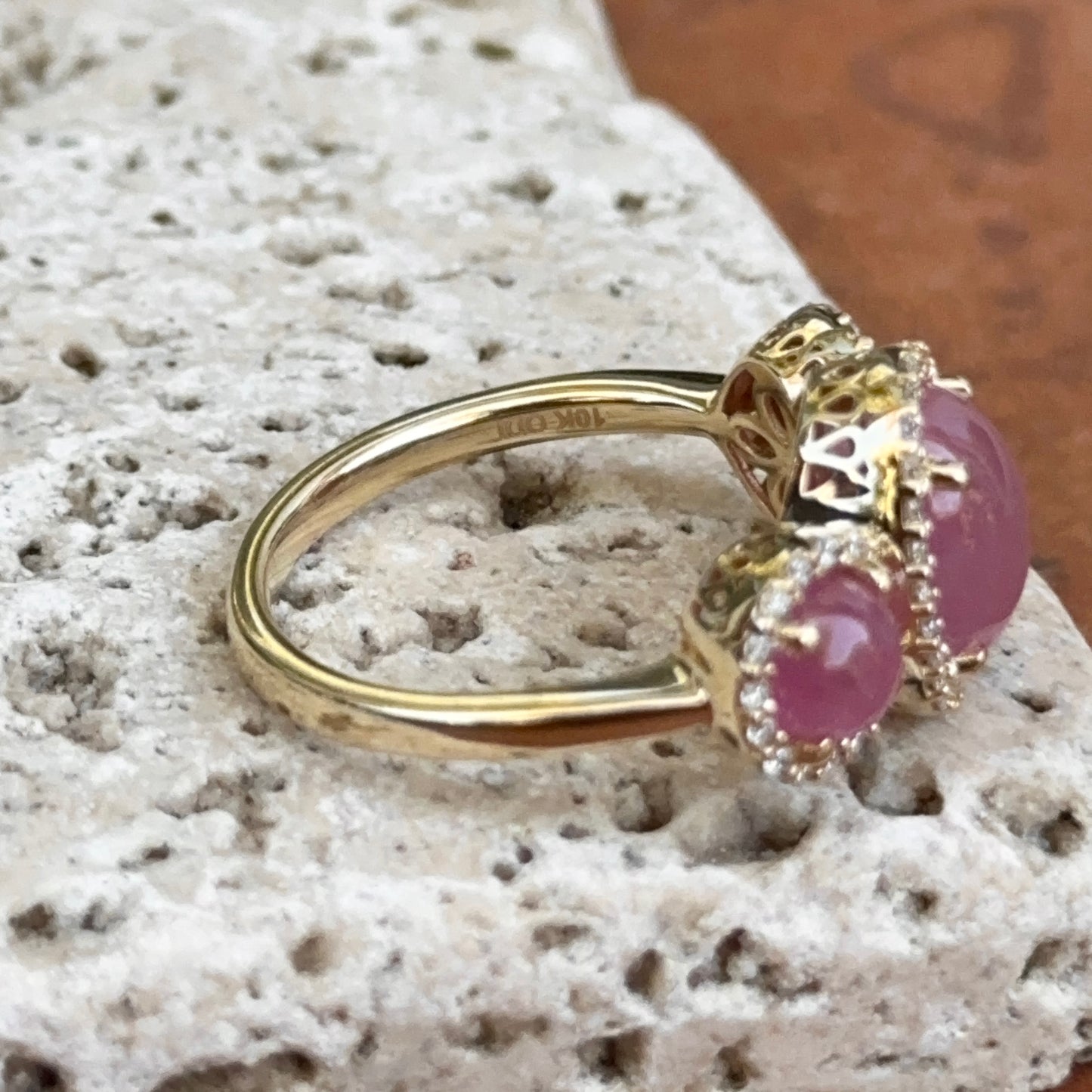 10KT Yellow Gold Cabochon Pink Sapphire + Diamond Halo Ring