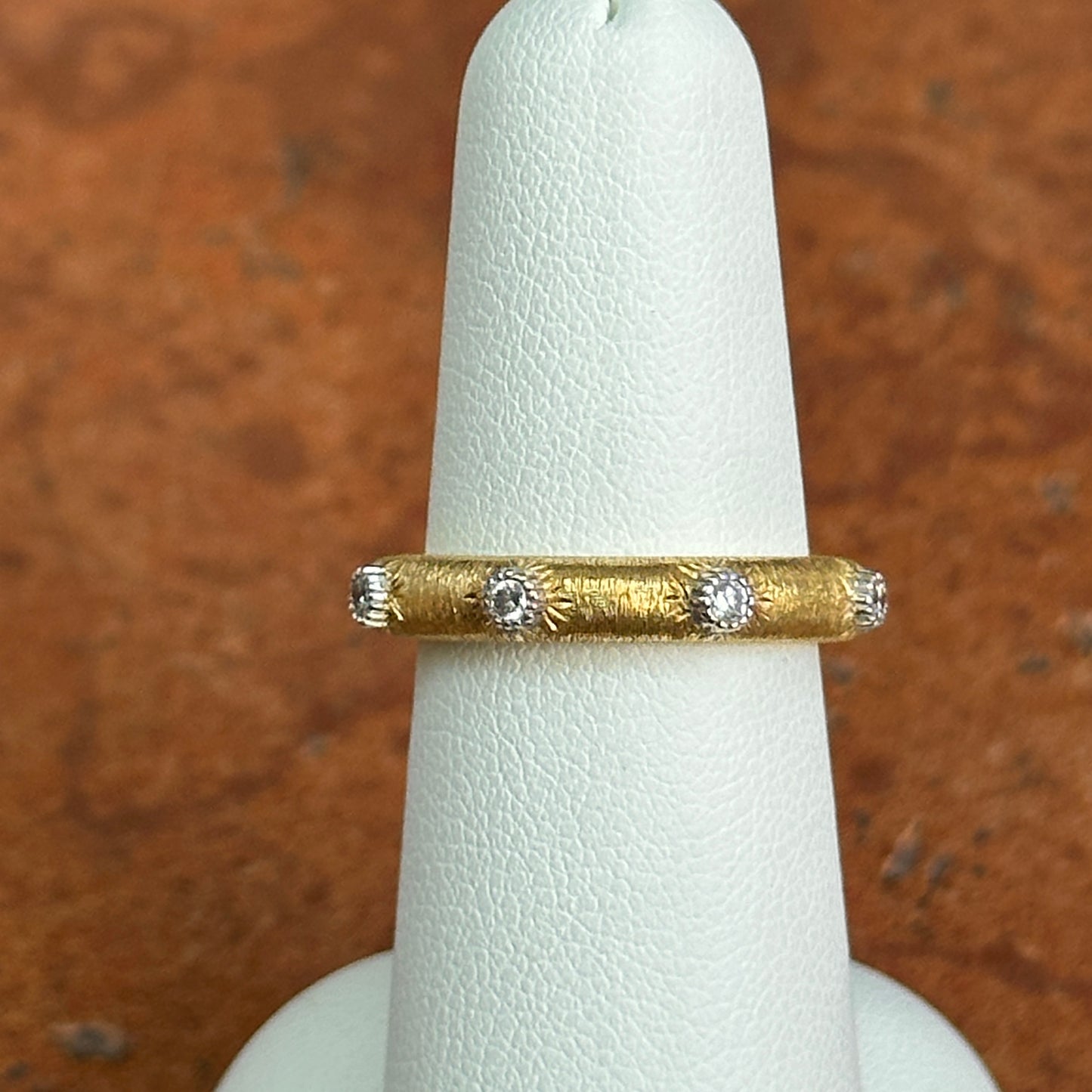 Estate 18KT Yellow Gold Bezel Diamond Textured Matte Band Ring