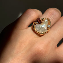 Load image into Gallery viewer, Estate 14KT Yellow Gold Blister Pearl, Tourmaline, + Diamond Ring