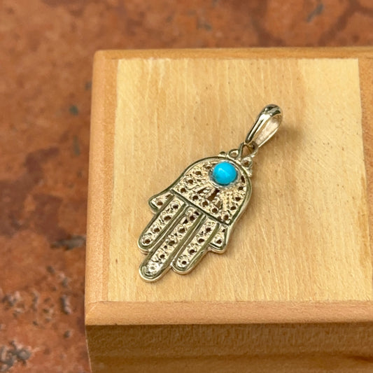 14KT Yellow Gold Turquoise Filigree Hamsa Pendant