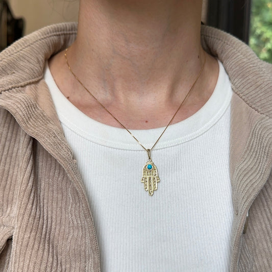 14KT Yellow Gold Turquoise Filigree Hamsa Pendant
