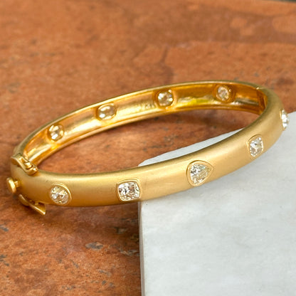 Estate 18KT Yellow Gold Multi-Shape Diamond Bezel Matte Bangle Bracelet