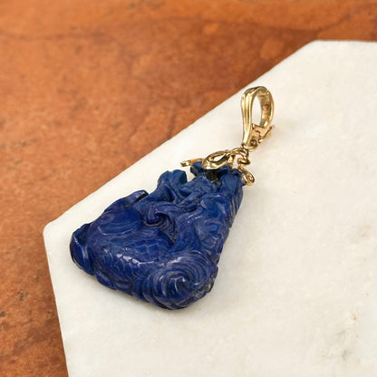 Estate 14KT Yellow Gold Carved Blue Lapis Fish Pendant Enhancer