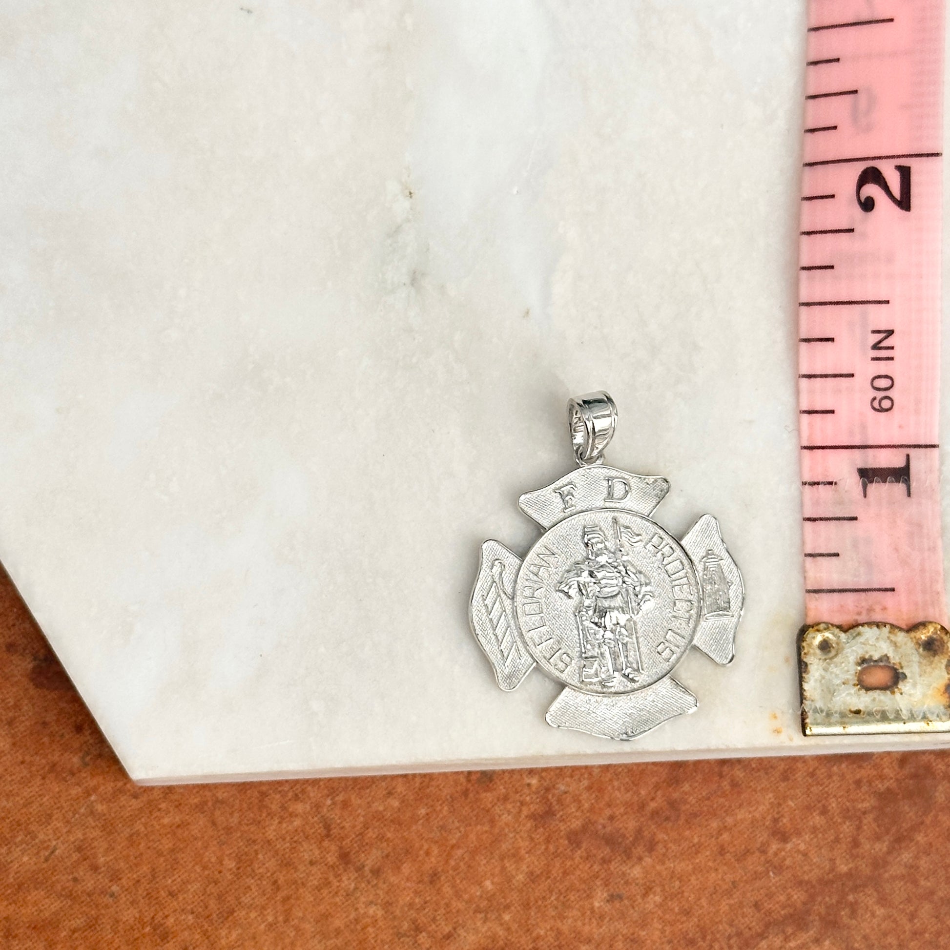 Sterling Silver Rhodium Plated Saint Florian Badge Pendant 23.5mm - LSJ