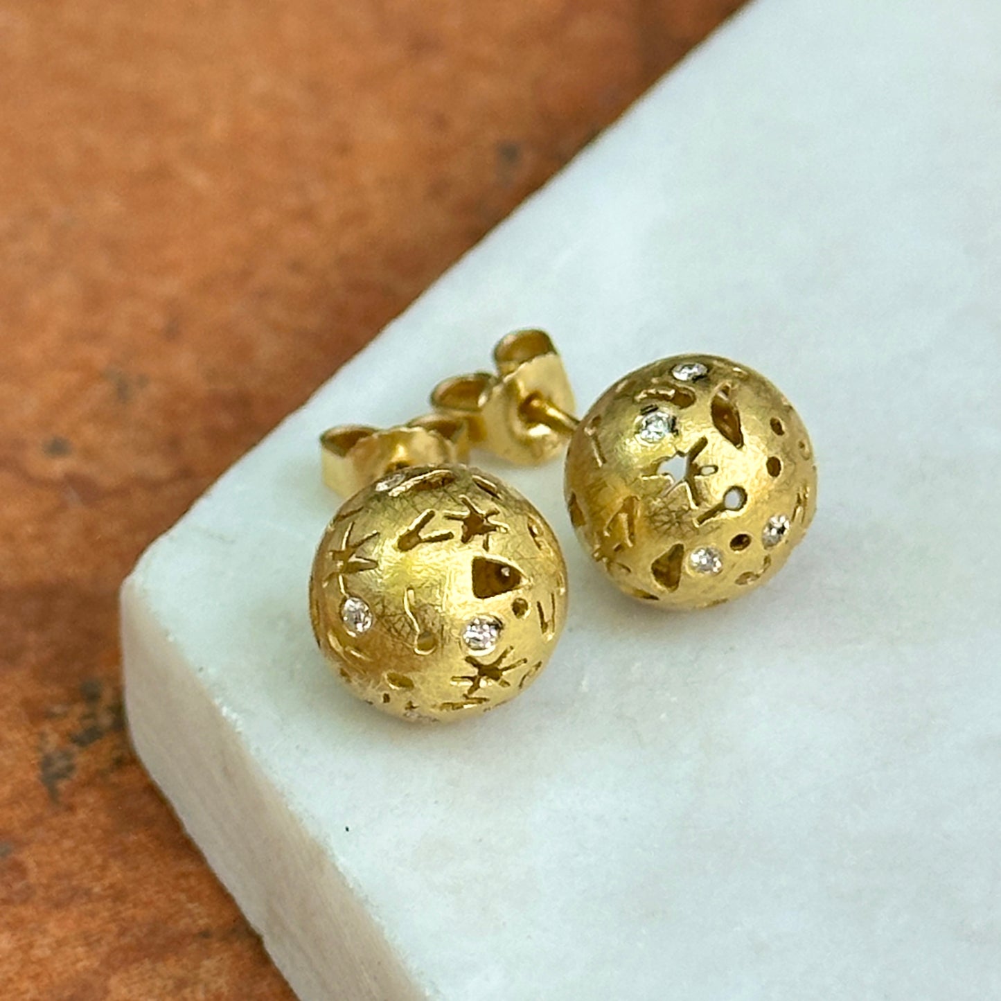 Estate 18KT Yellow Gold Diamond Celestial Ball Stud Earrings