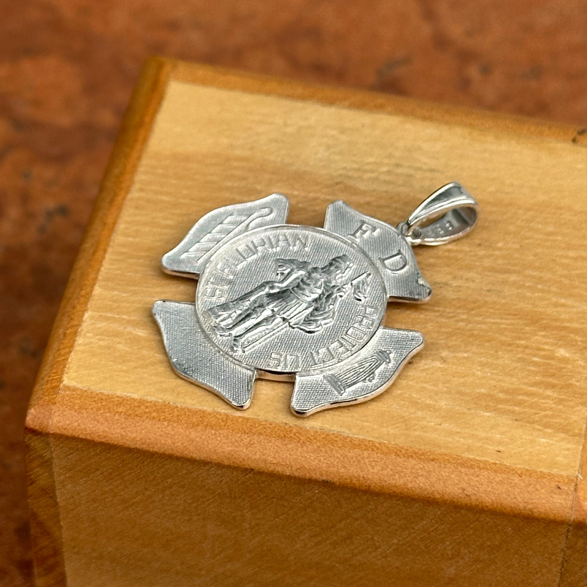 Sterling Silver Rhodium Plated Saint Florian Badge Pendant 23.5mm - LSJ