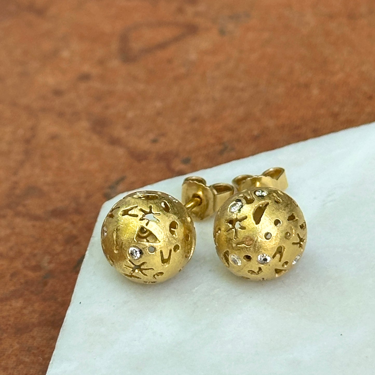 Estate 18KT Yellow Gold Diamond Celestial Ball Stud Earrings