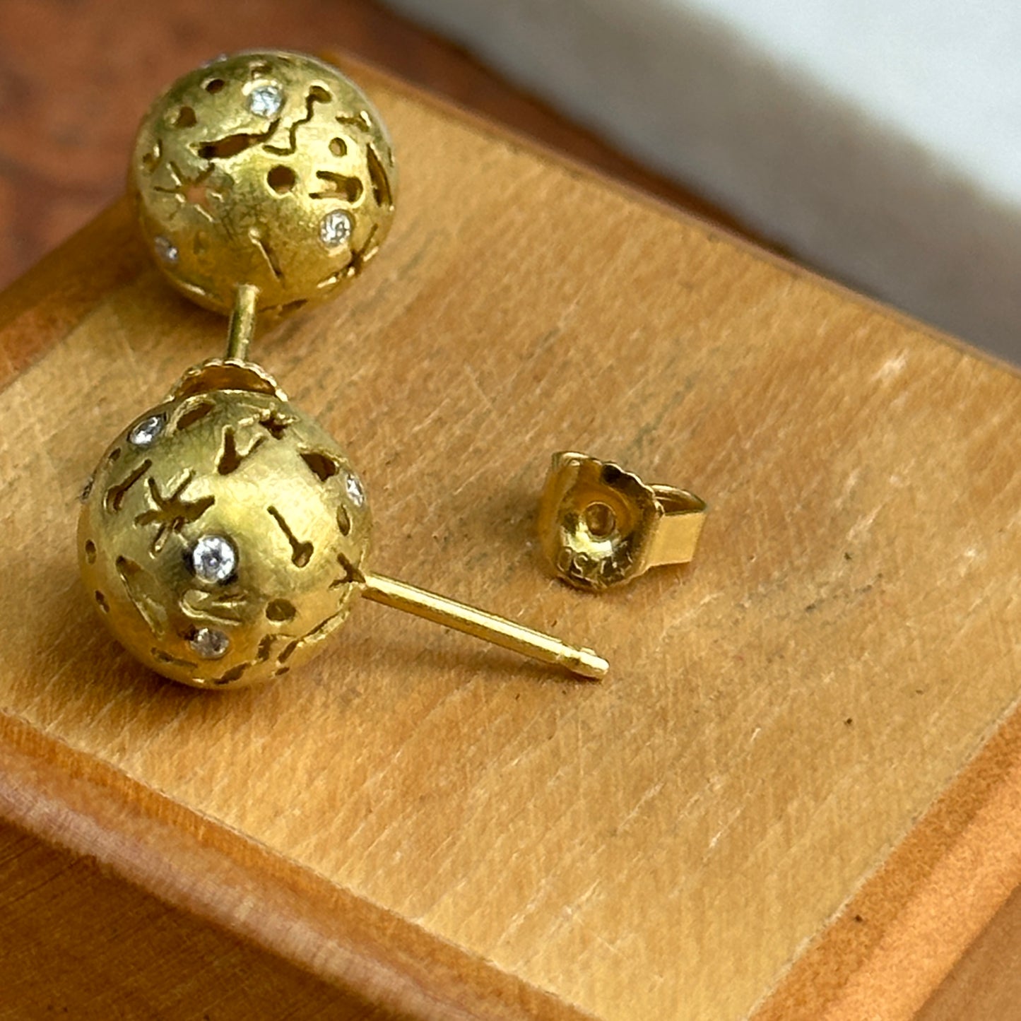 Estate 18KT Yellow Gold Diamond Celestial Ball Stud Earrings