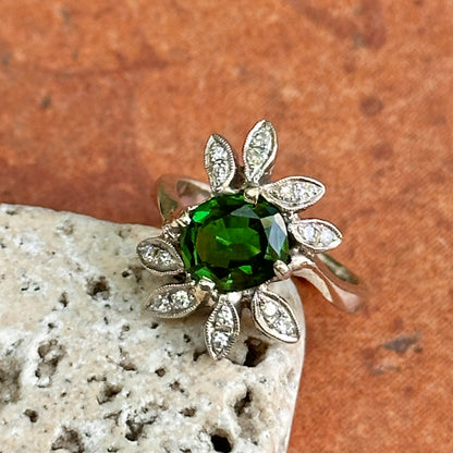 Estate 14KT White Gold Oval Green Tsavorite + Diamond Ring