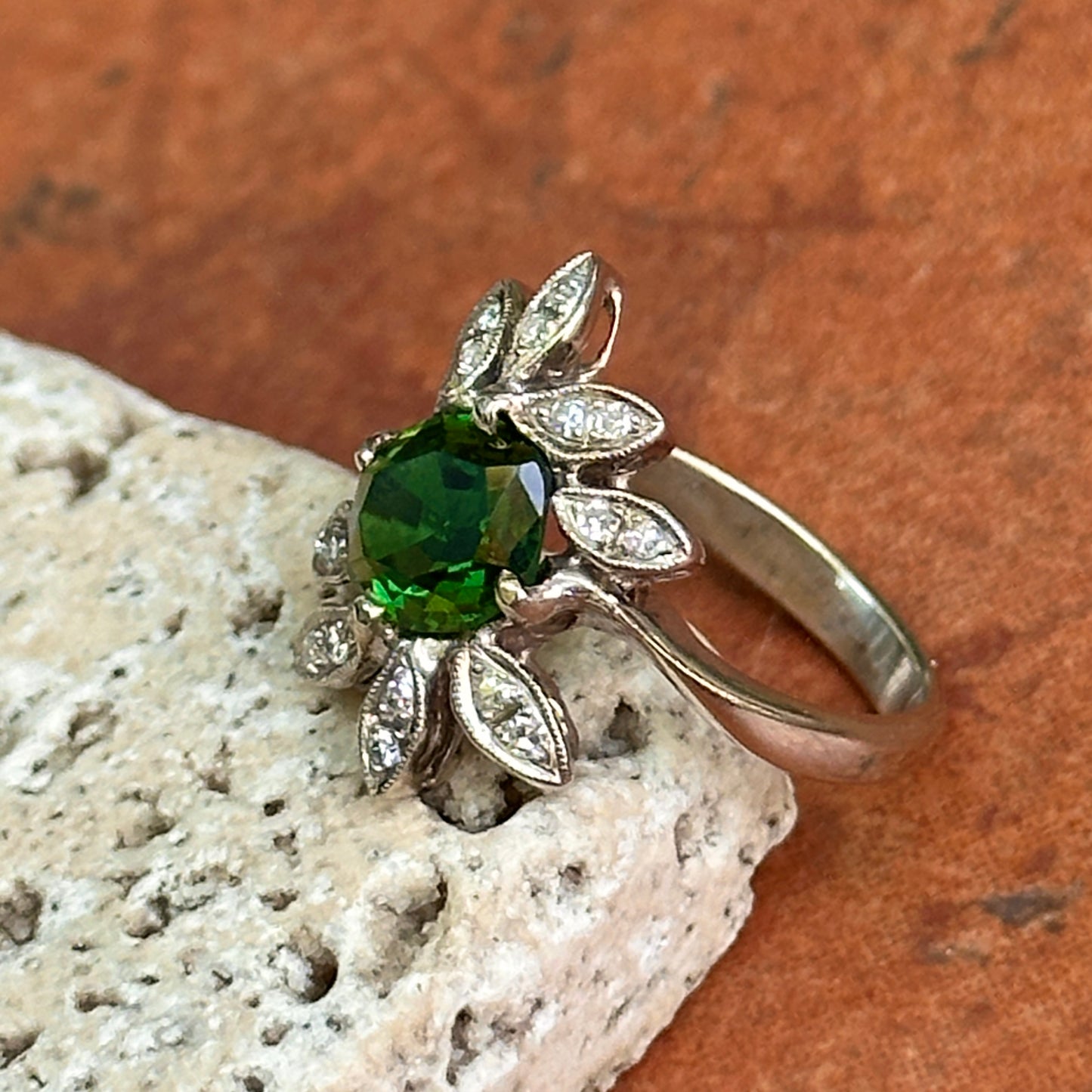 Estate 14KT White Gold Oval Green Tsavorite + Diamond Ring
