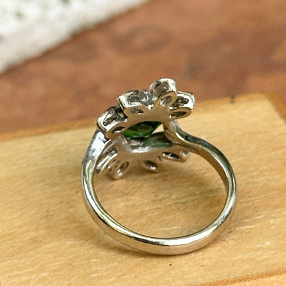 Estate 14KT White Gold Oval Green Tsavorite + Diamond Ring