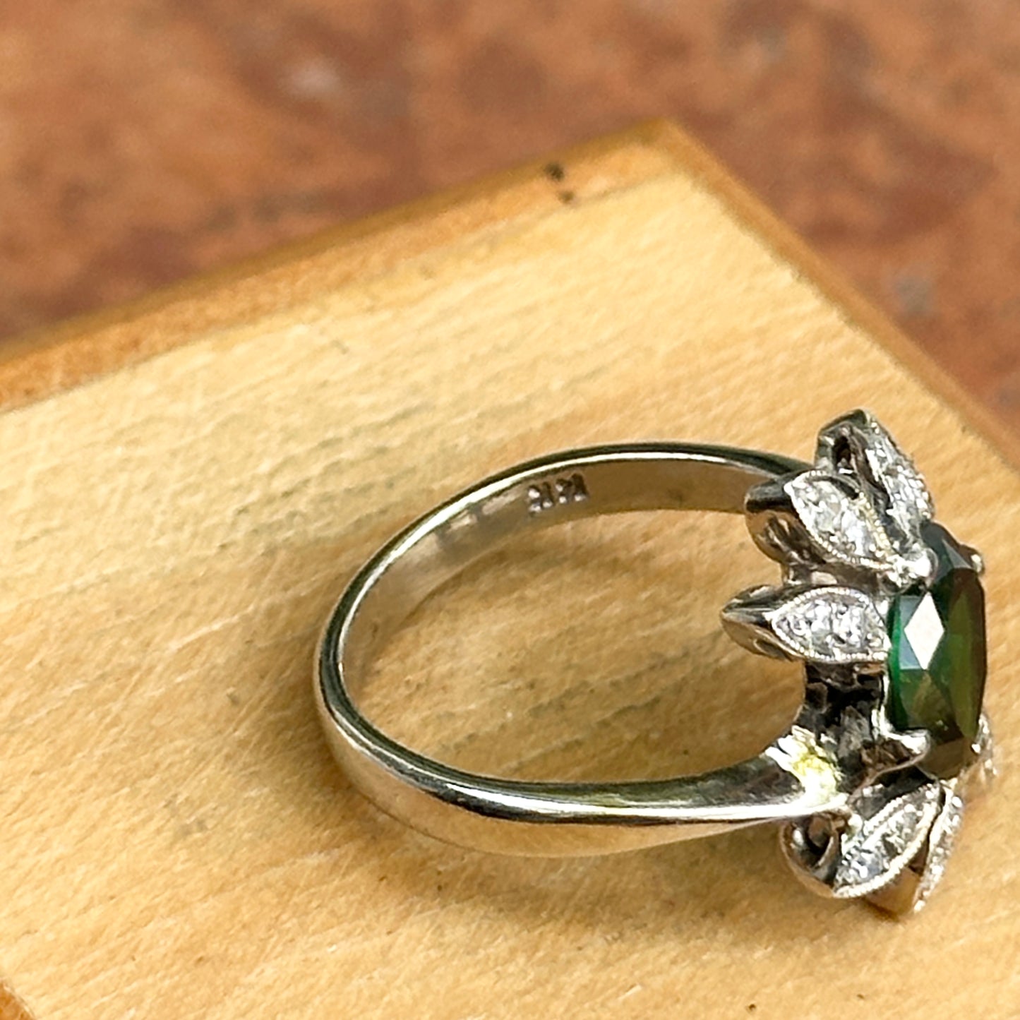Estate 14KT White Gold Oval Green Tsavorite + Diamond Ring