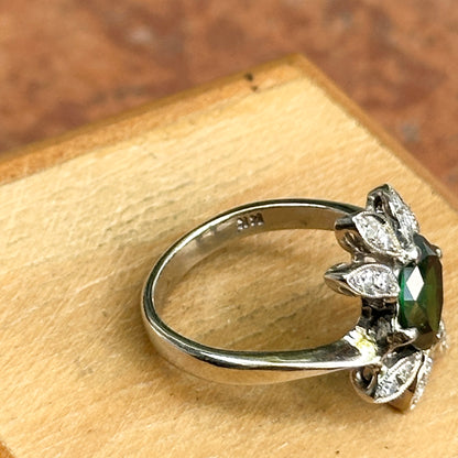 Estate 14KT White Gold Oval Green Tsavorite + Diamond Ring