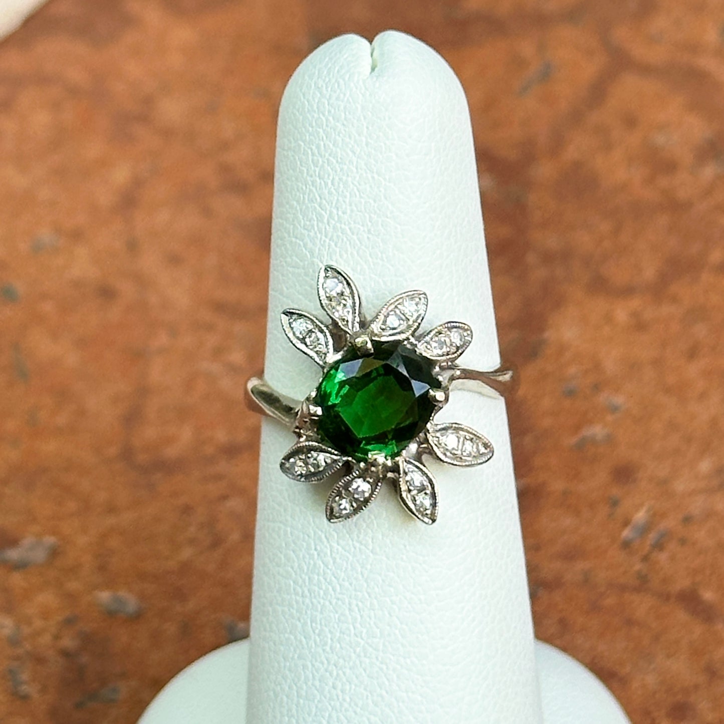 Estate 14KT White Gold Oval Green Tsavorite + Diamond Ring