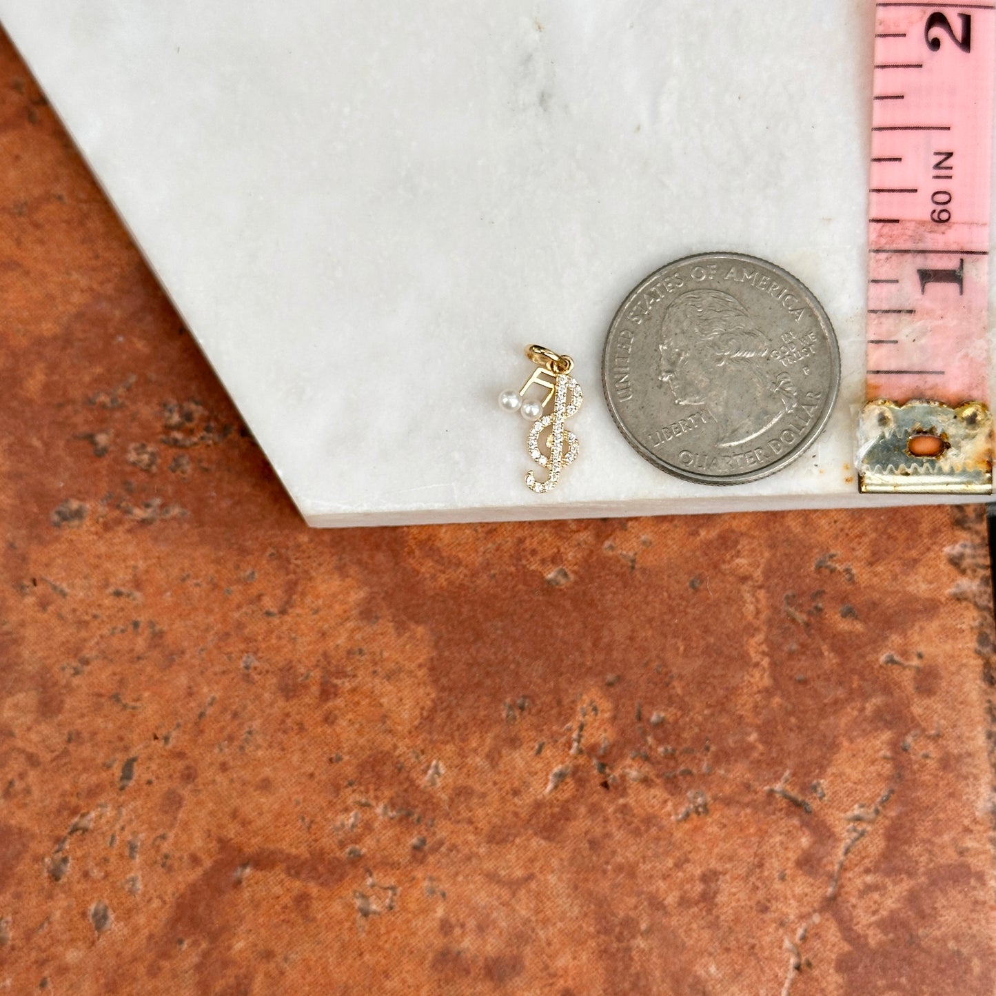 14KT Yellow Gold Freshwater Cultured Pearl Music Note + CZ Treble Clef Charm Pendant