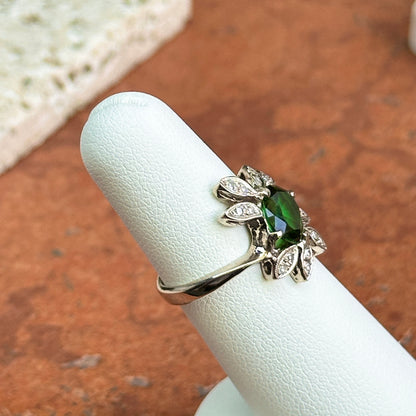 Estate 14KT White Gold Oval Green Tsavorite + Diamond Ring