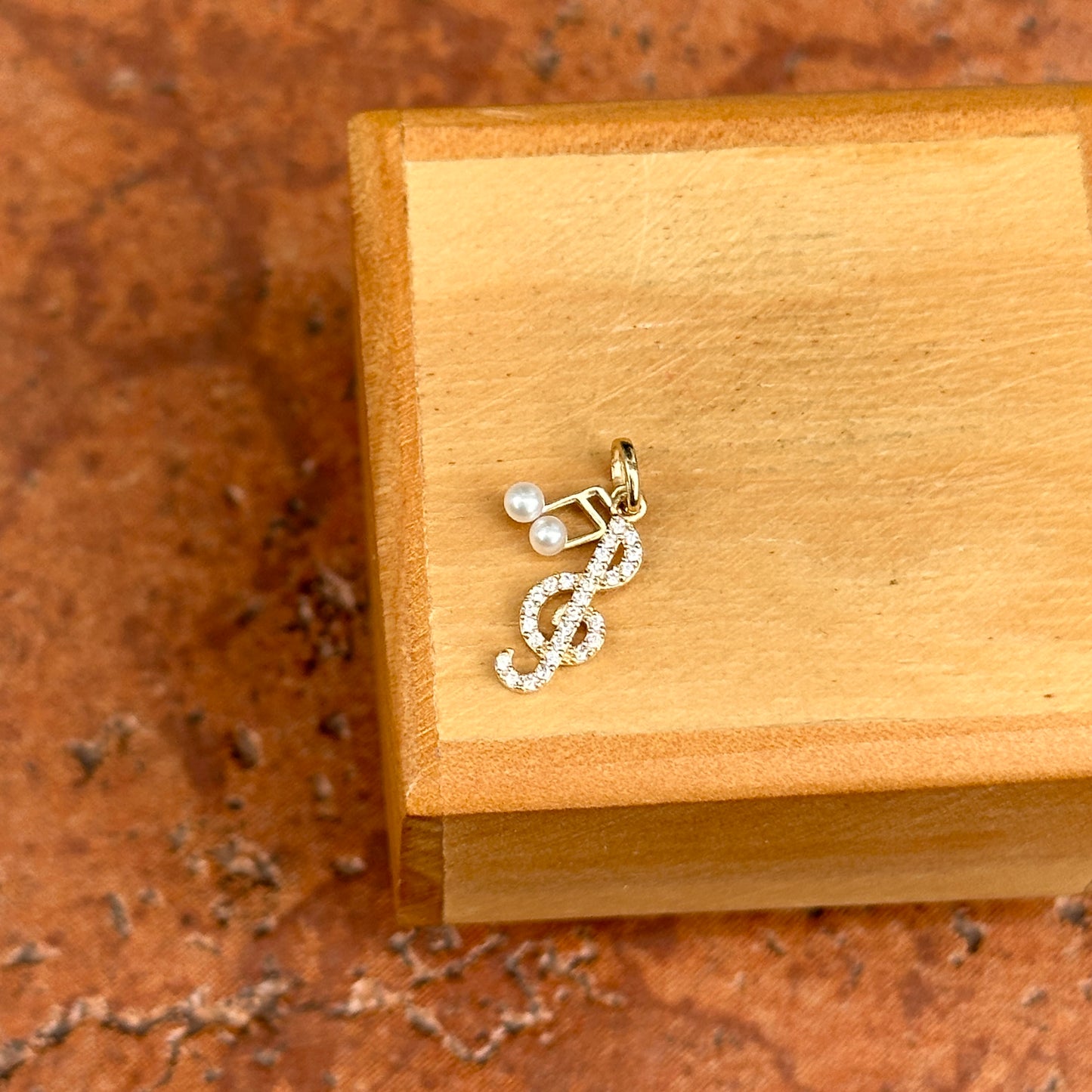 14KT Yellow Gold Freshwater Cultured Pearl Music Note + CZ Treble Clef Charm Pendant