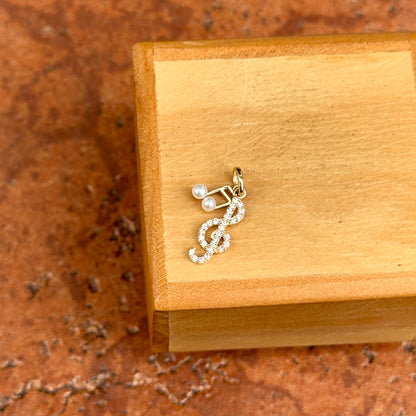 14KT Yellow Gold Freshwater Cultured Pearl Music Note + CZ Treble Clef Charm Pendant
