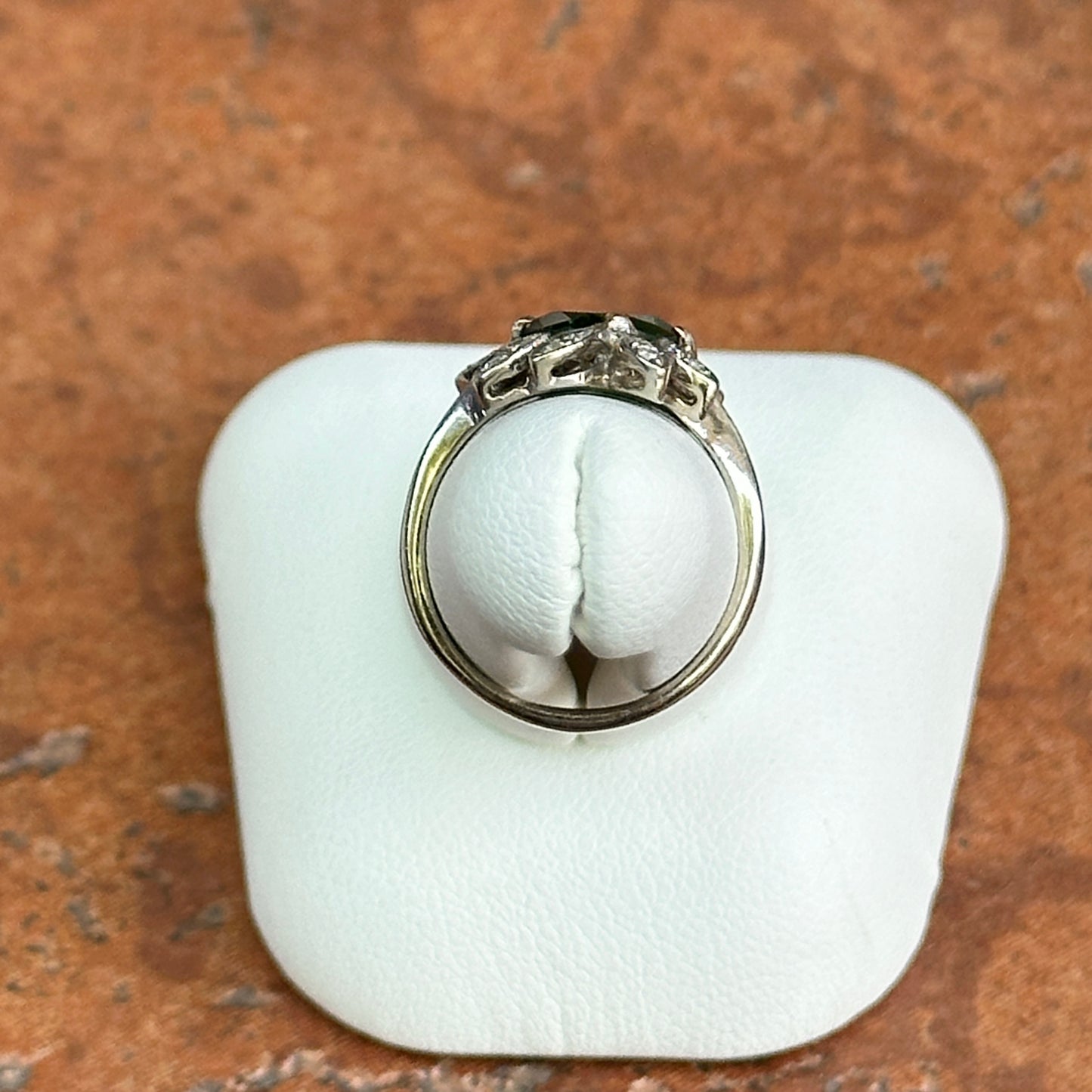 Estate 14KT White Gold Oval Green Tsavorite + Diamond Ring