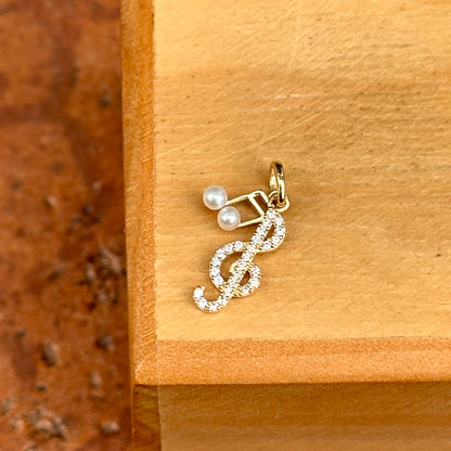 14KT Yellow Gold Freshwater Cultured Pearl Music Note + CZ Treble Clef Charm Pendant