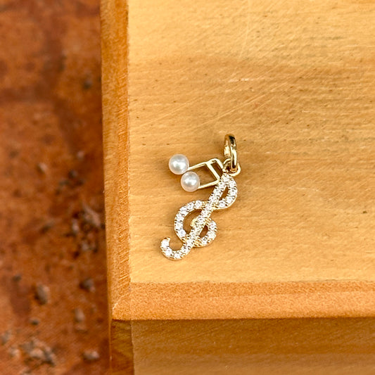 14KT Yellow Gold Freshwater Cultured Pearl Music Note + CZ Treble Clef Charm Pendant