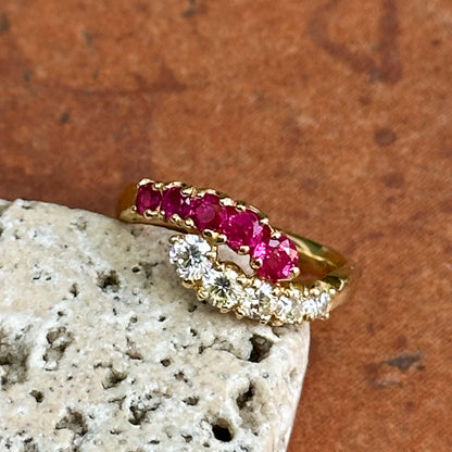 Estate 18KT Yellow Gold Ruby + Diamond Bypass Ring