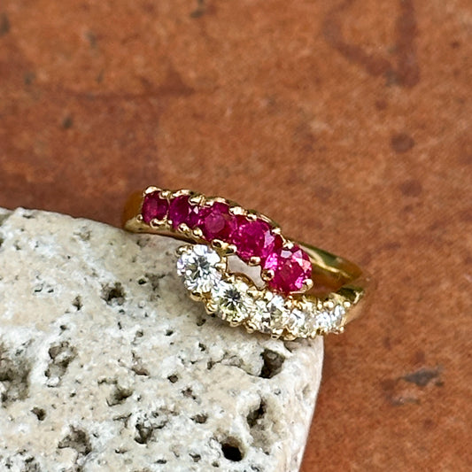 Estate 18KT Yellow Gold Ruby + Diamond Bypass Ring
