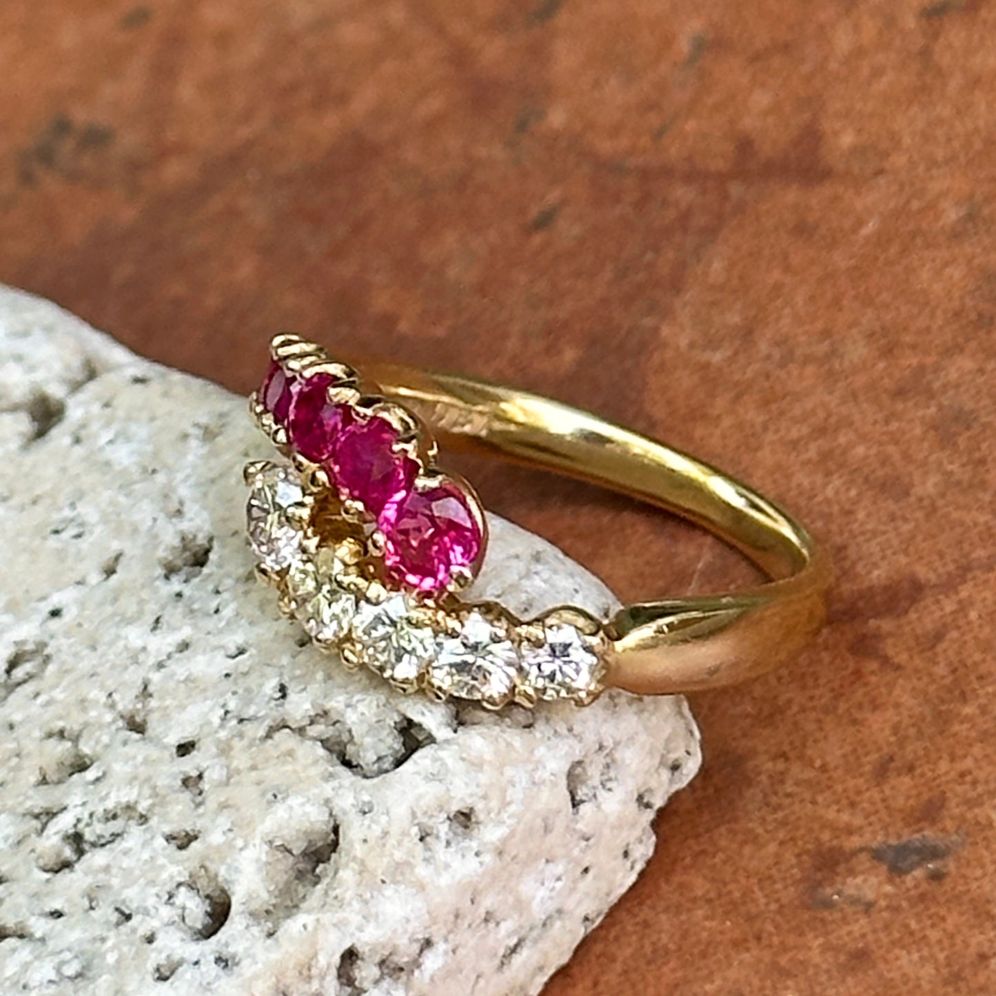 Estate 18KT Yellow Gold Ruby + Diamond Bypass Ring