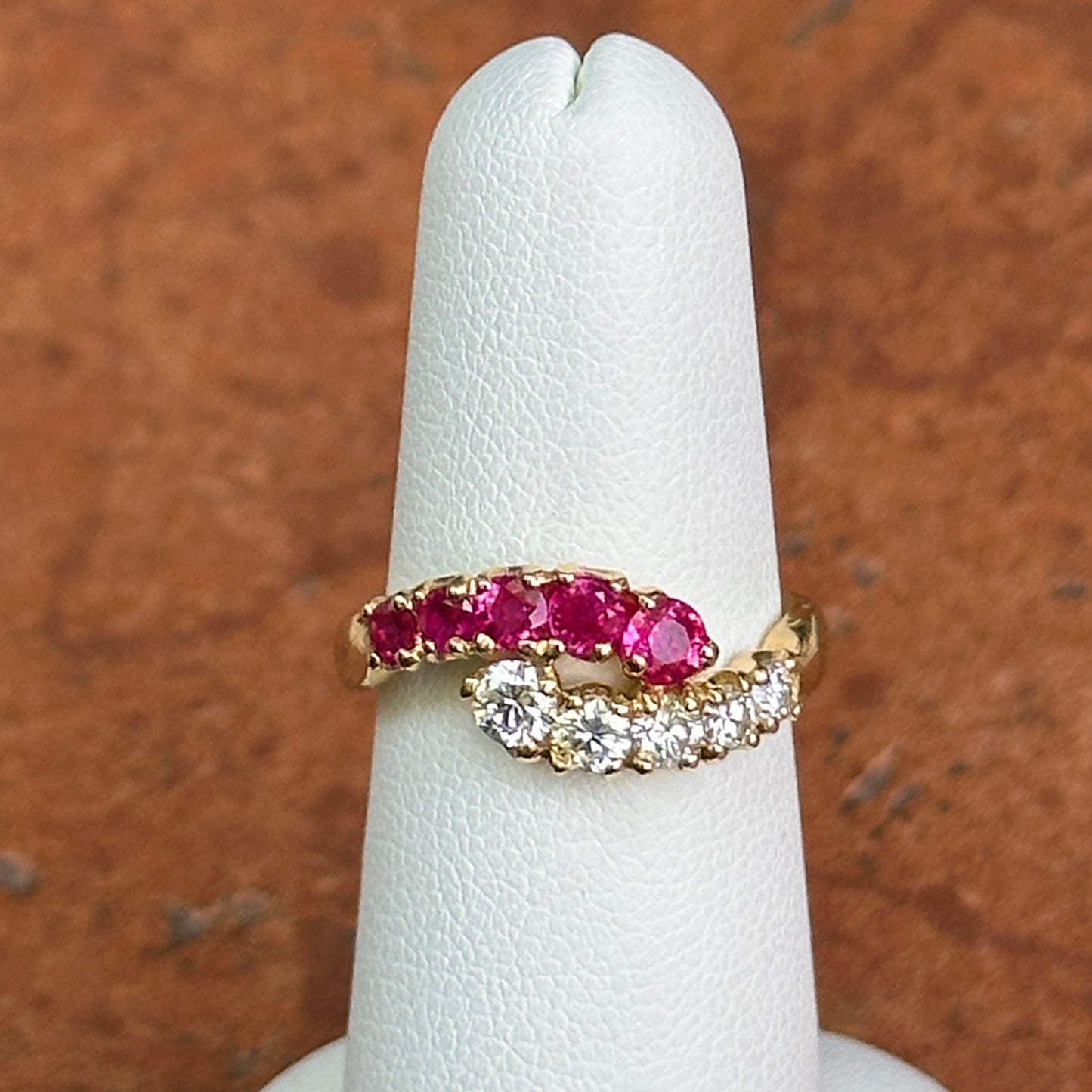 Estate 18KT Yellow Gold Ruby + Diamond Bypass Ring